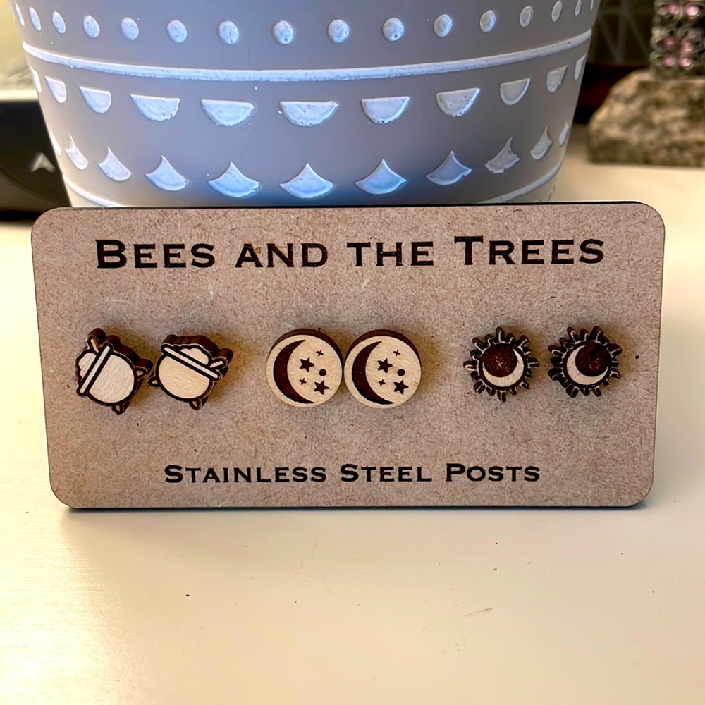 Wooden Earrings set of 3 - Hand crafted